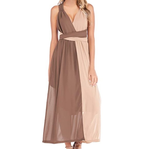 NWT Blush/Tan Wrap Open Back Chiffon Maxi Dress. - Picture 3 of 4